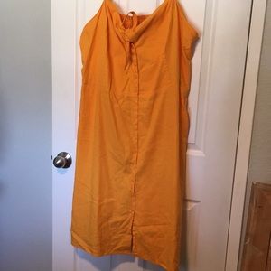 Linen yellow spaghetti strap dress w/light stretch and smocking in the back